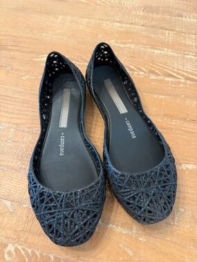 Mini Melissa Black Glitter Laser-Cut Girls’ Ballet Flats